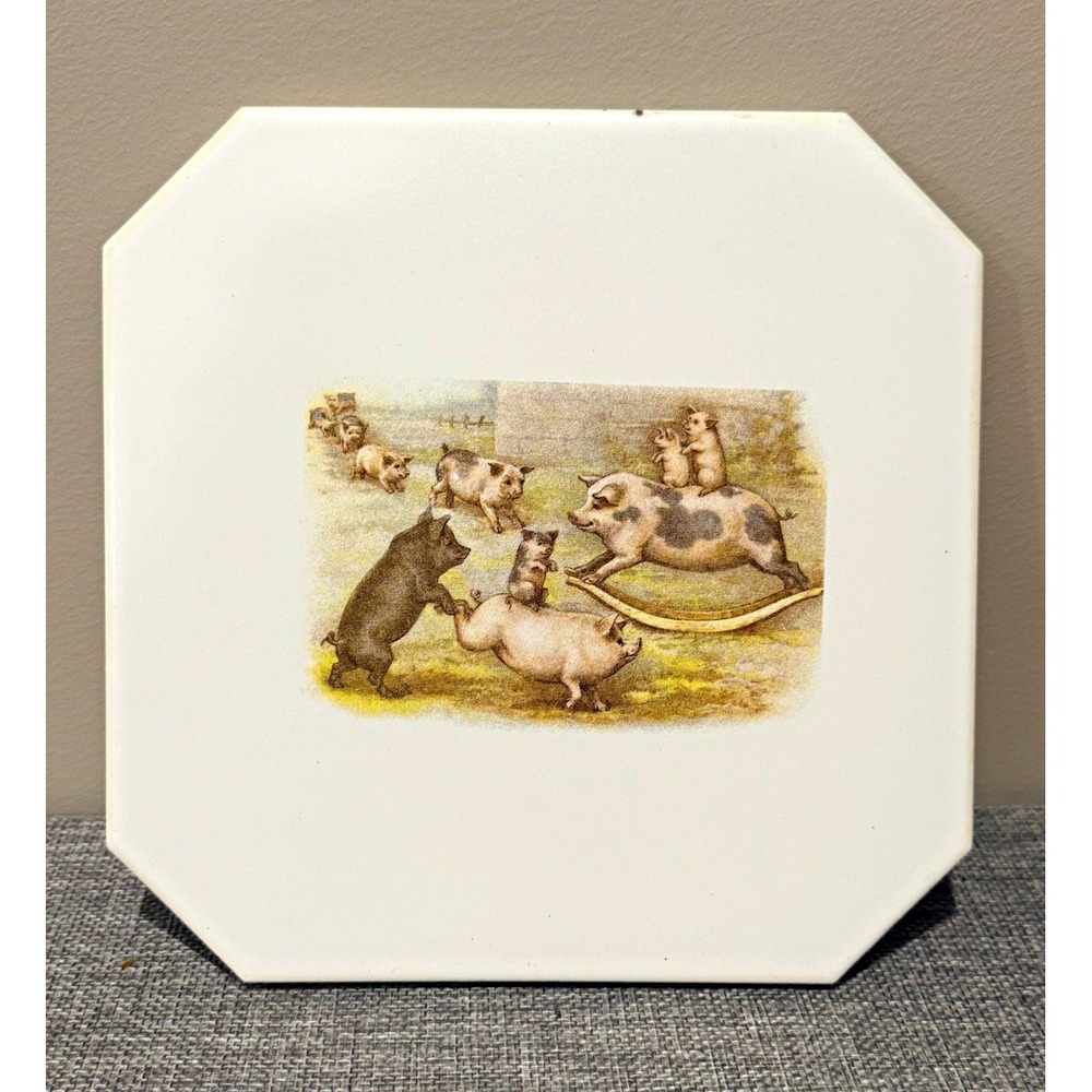 Octagon Ceramic Decorative Tile White Multicolor Pig Farm Scene Wall Tile